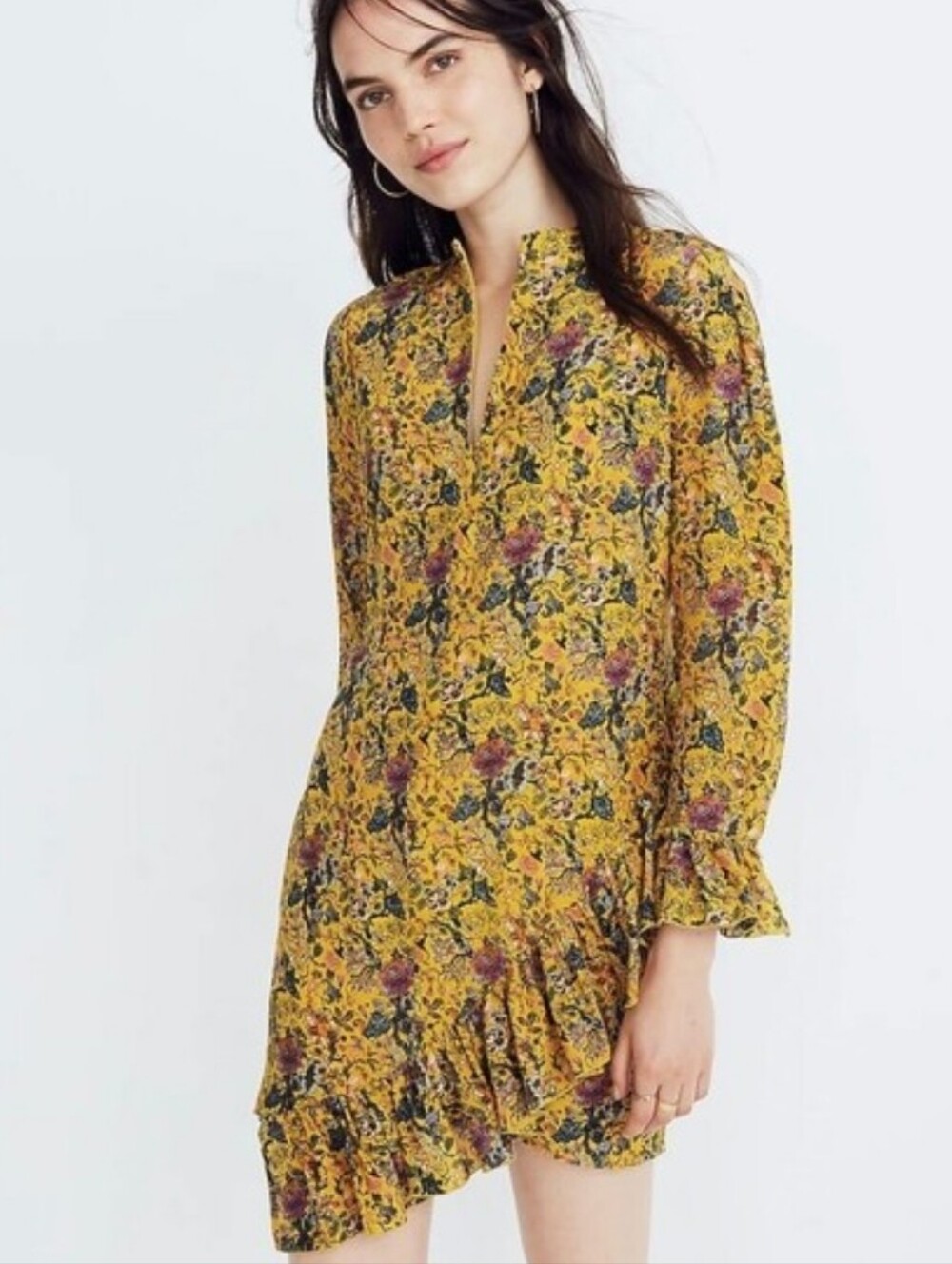 Madewell X Karen Walker Dress Loretta Silk Yellow Floral Ruffle Shift
